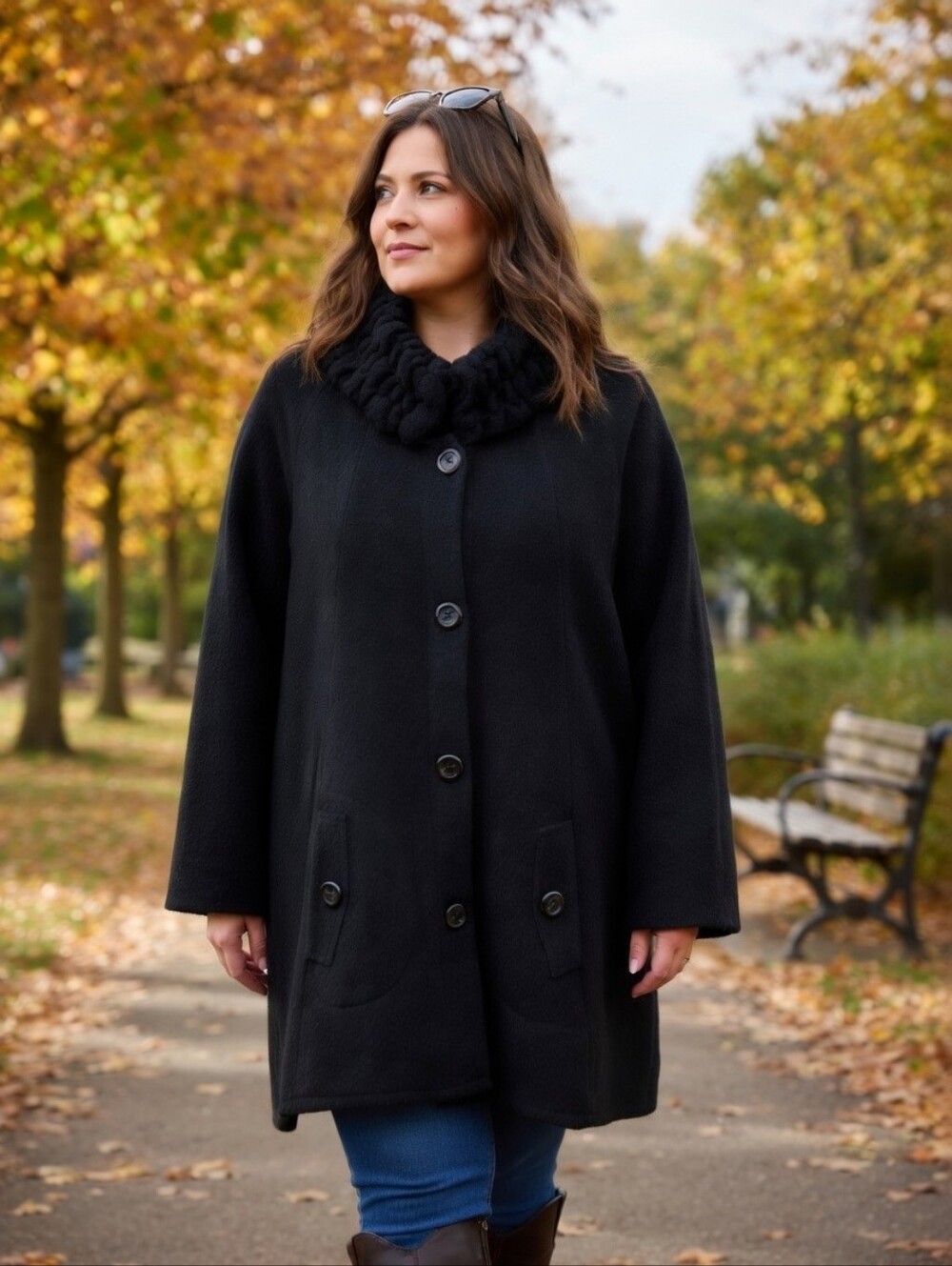 For Cynthia Women's Black 100% Wool Button-Front Textured Collar Car Coat 3X